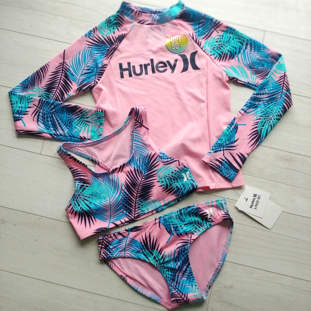 HURLEY NEW girls Pink Palms Rashguard Bikini Set